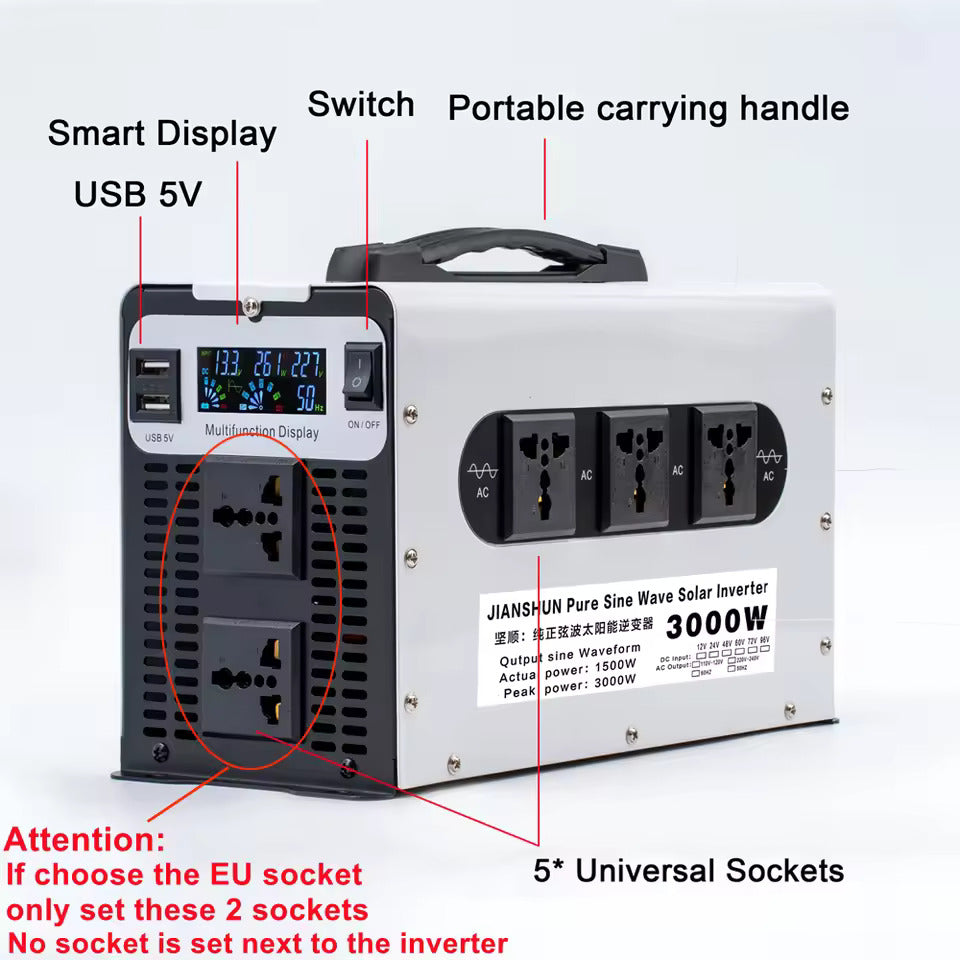 Reiner Sinus-Wechselrichter 1500W/3000W DC 12V 24V 48V 60V 72V auf AC 220V 50Hz Konverter Solar-Autobatterie-Wechselrichter mit LED-Anzeige