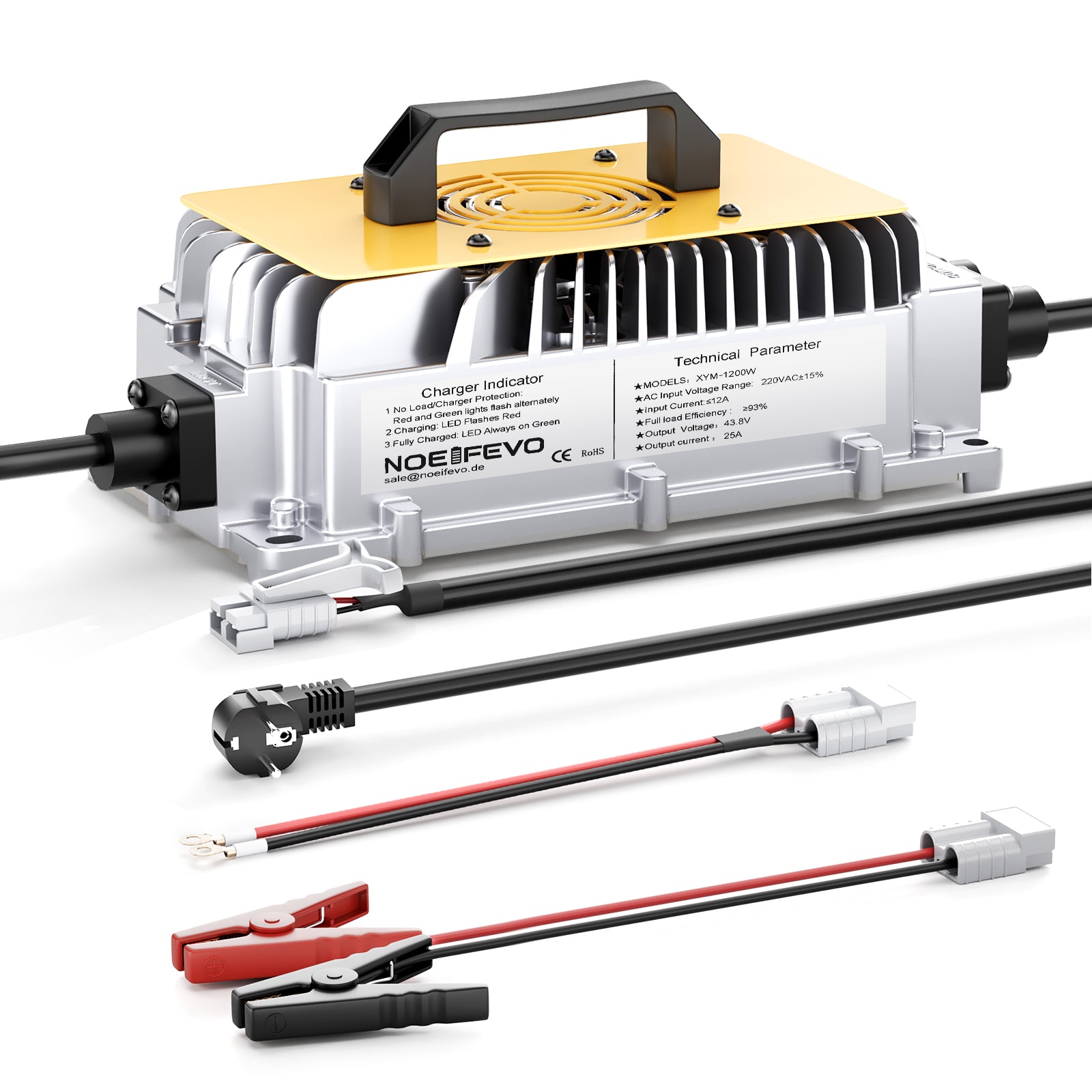 NOEIFEVO 36V 38,4V LiFePO4 batterioplader, 43,8V 25A vandtæt oplader til golfbil/båd/campingvogn, med fuld beskyttelse