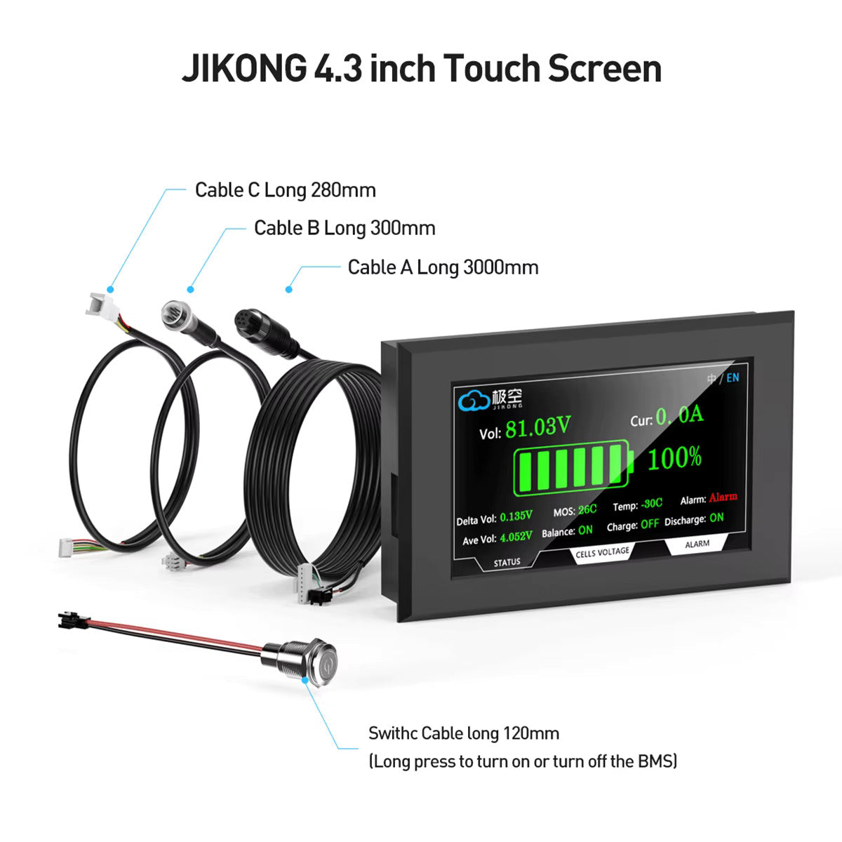 Batteridisplay 4,3-tommers LCD TFT-skærm – Visning af spænding, strøm, SOC og temperatur, touchskærm – Til Jikong BMS (88,5 × 135,9 mm)