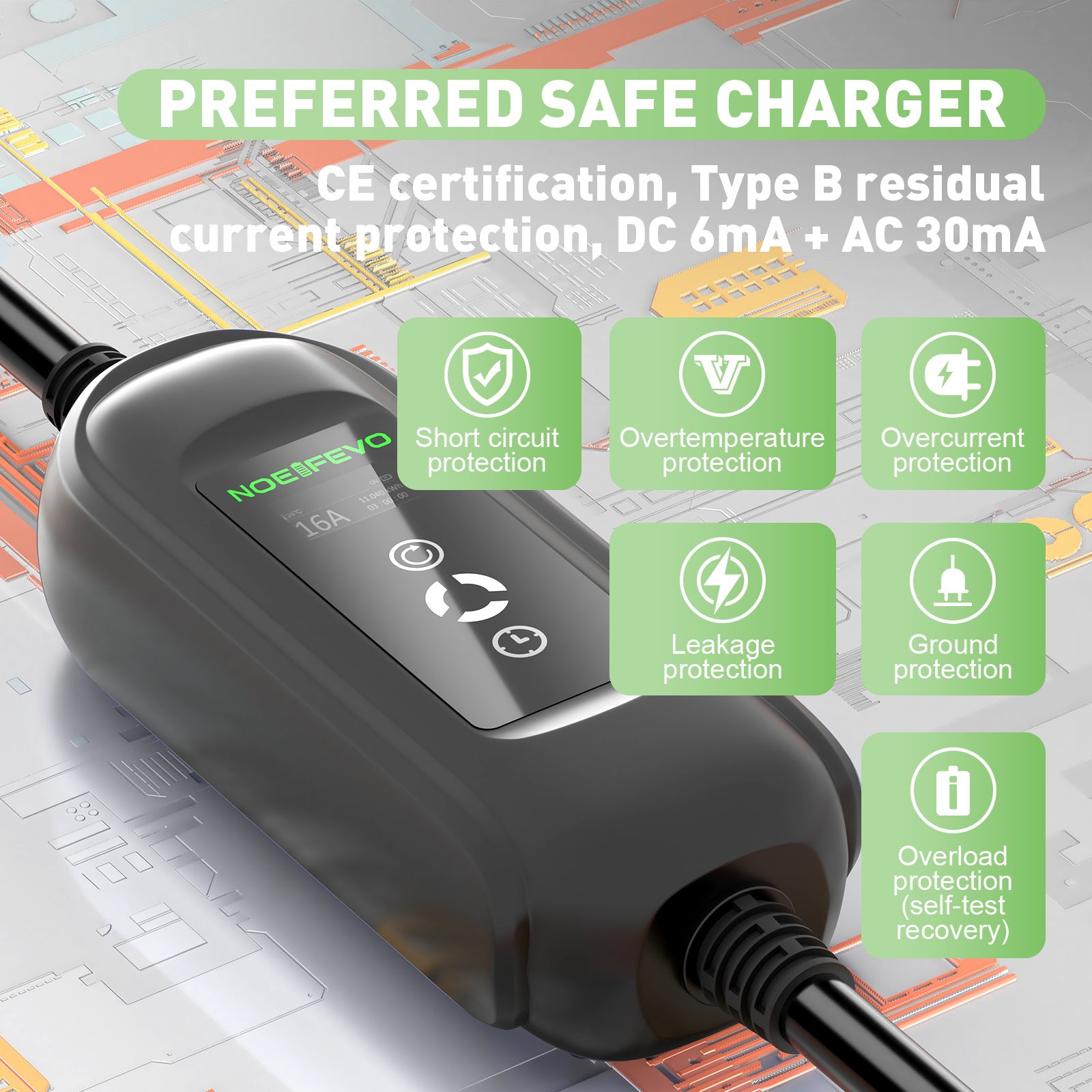 10Meters 11KW EV-laddningsstation, typ 2 16A 3 fas EV Wallbox, CEE 16A-kontakt, Schuko-kontakt för resor