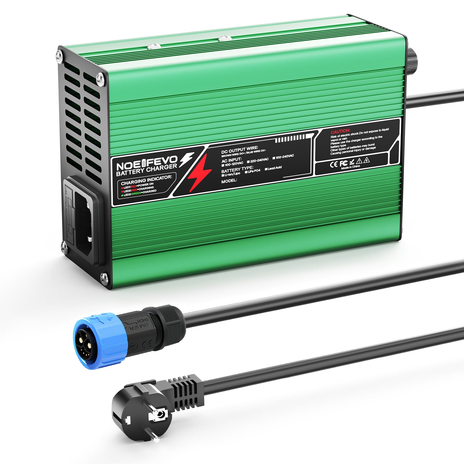 מטען ליתיום NOEIFEVO 54.6V  2A 2.5A 3A עבור סוללות Li-Ion Lipo 13S 48.1V, מאוורר קירור, כיבוי אוטומטי (ירוק)