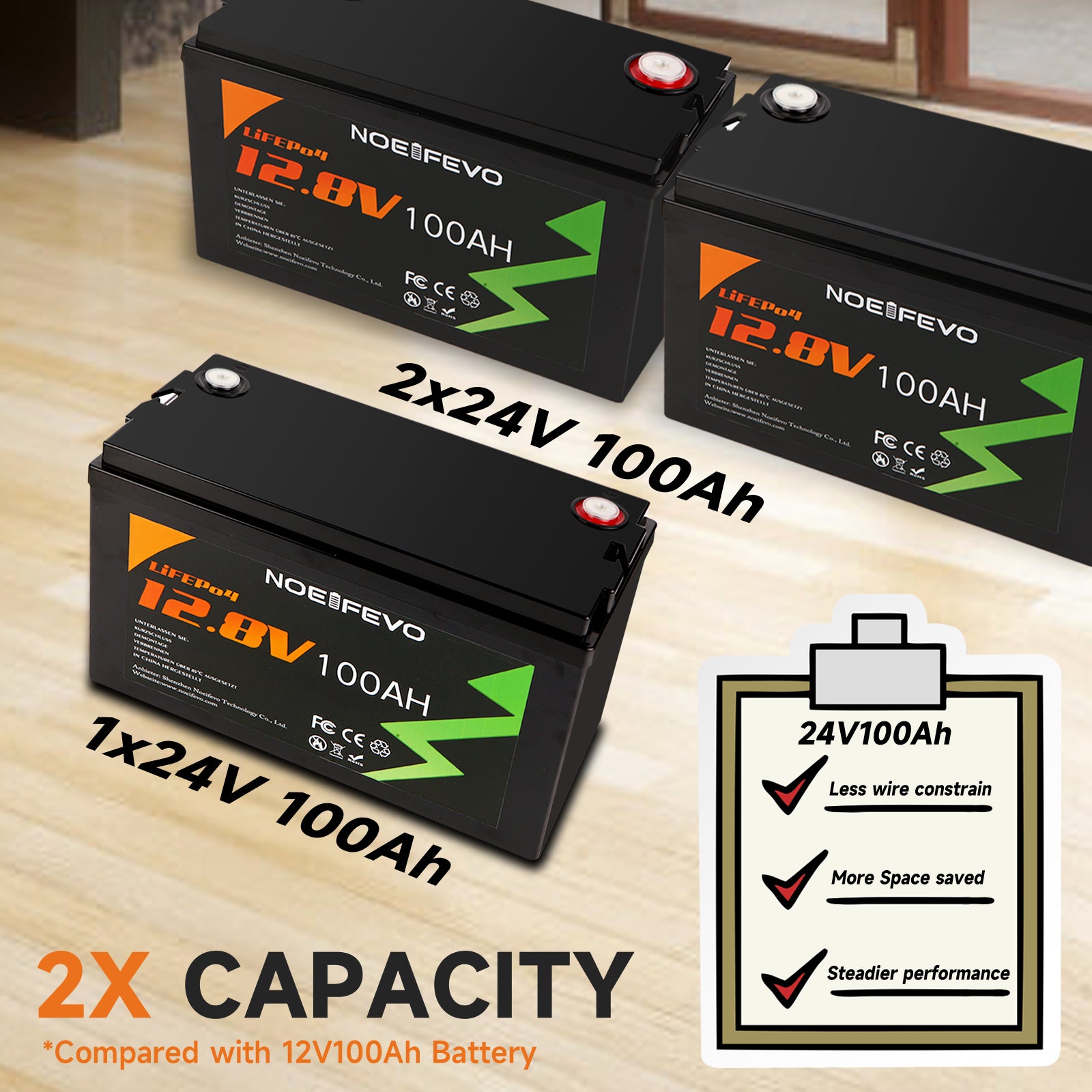 NOEIFEVO 12.8V 100Ah LiFePO4 Lithium Battery, 1280Wh Lithium Battery with 100A BMS, 4000+ charge cycles, with 14.6V 20A charger, perfect as power source for motorhome, boat.