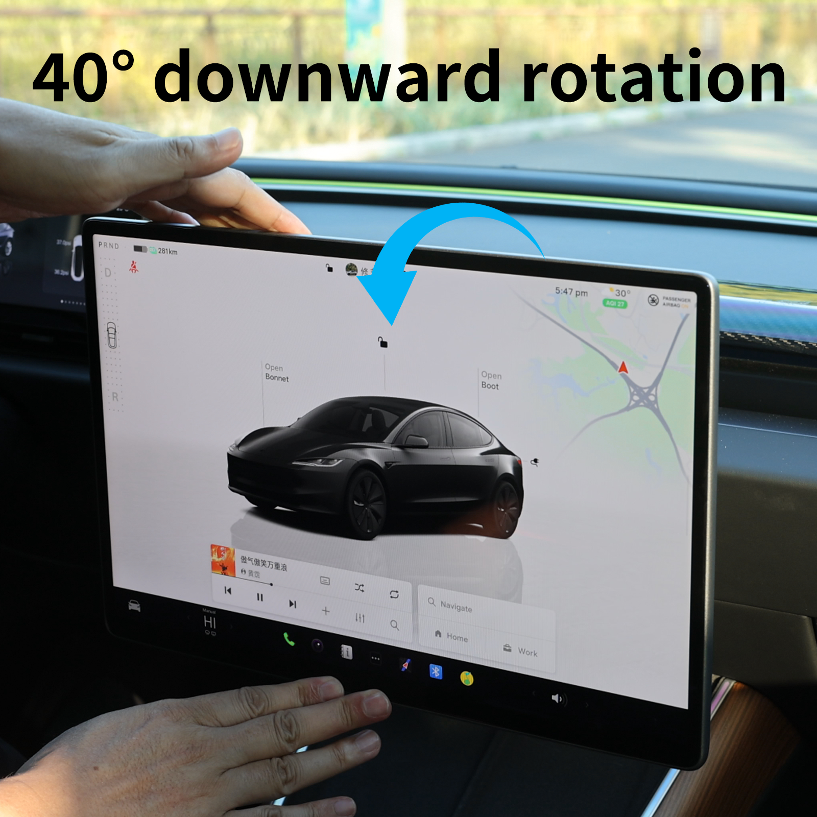 Tesla skærmholder 2.0 til Model 3/Y – 4-vejs drejelig (40°), aluminium CNC, skærmhøjde forbliver uændret, ingen rysten, anti-blænding