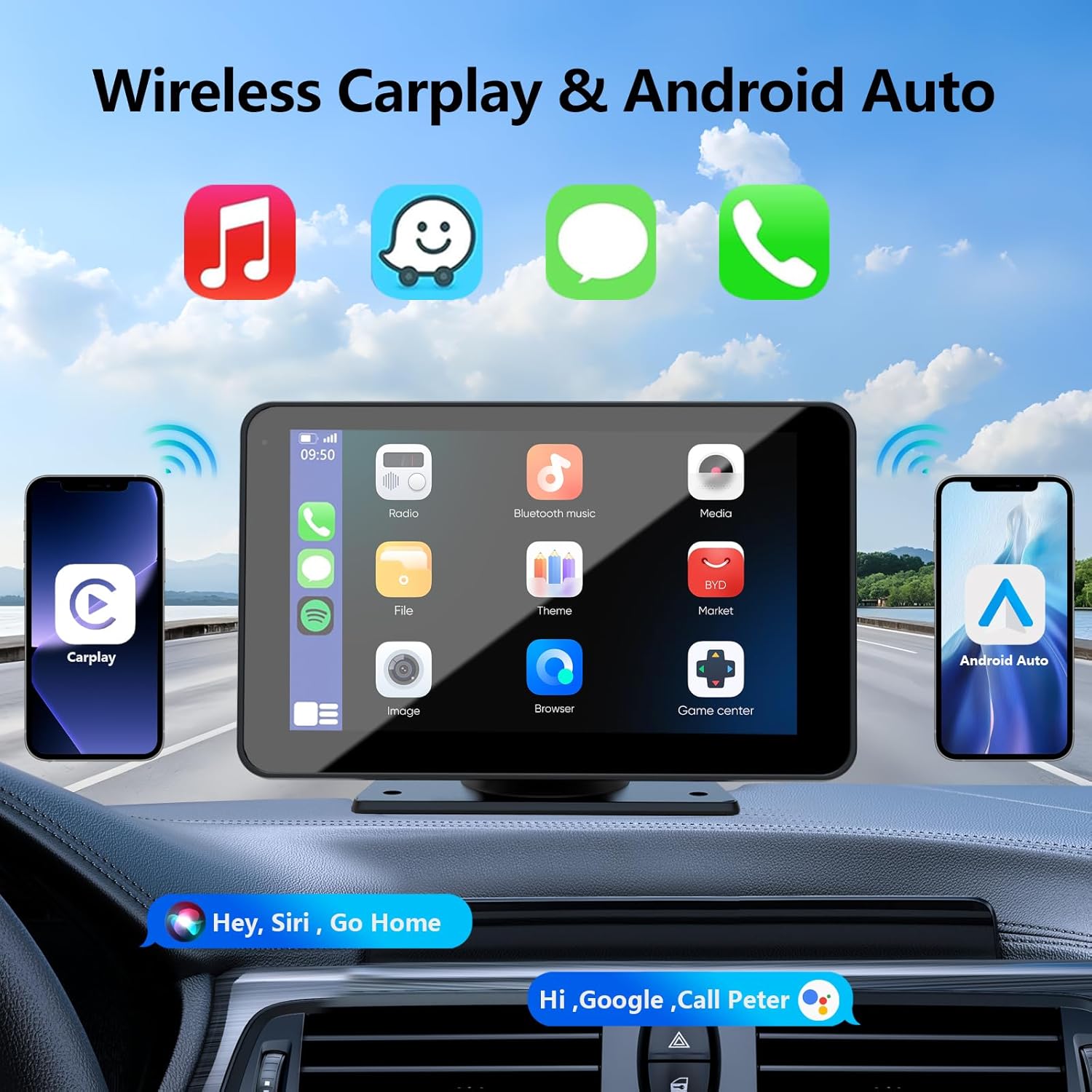 Bezdrátové CarPlay pro vozidla, 7" HD přenosné auto stereo dotyková obrazovka s Apple CarPlay, Android Auto, zpětná kamera, auto audio přijímač s hlasovým ovládáním, Mirror Link, Bluetooth, GPS navigace