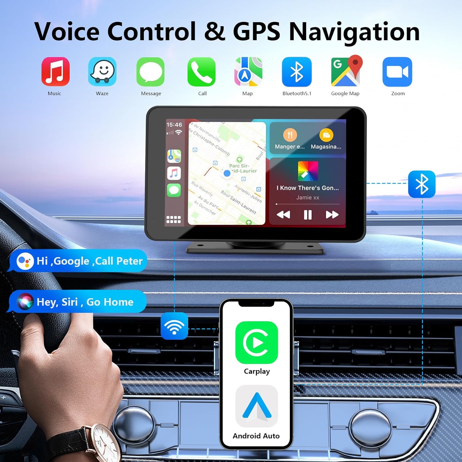 Bezdrátové CarPlay pro vozidla, 7" HD přenosné auto stereo dotyková obrazovka s Apple CarPlay, Android Auto, zpětná kamera, auto audio přijímač s hlasovým ovládáním, Mirror Link, Bluetooth, GPS navigace