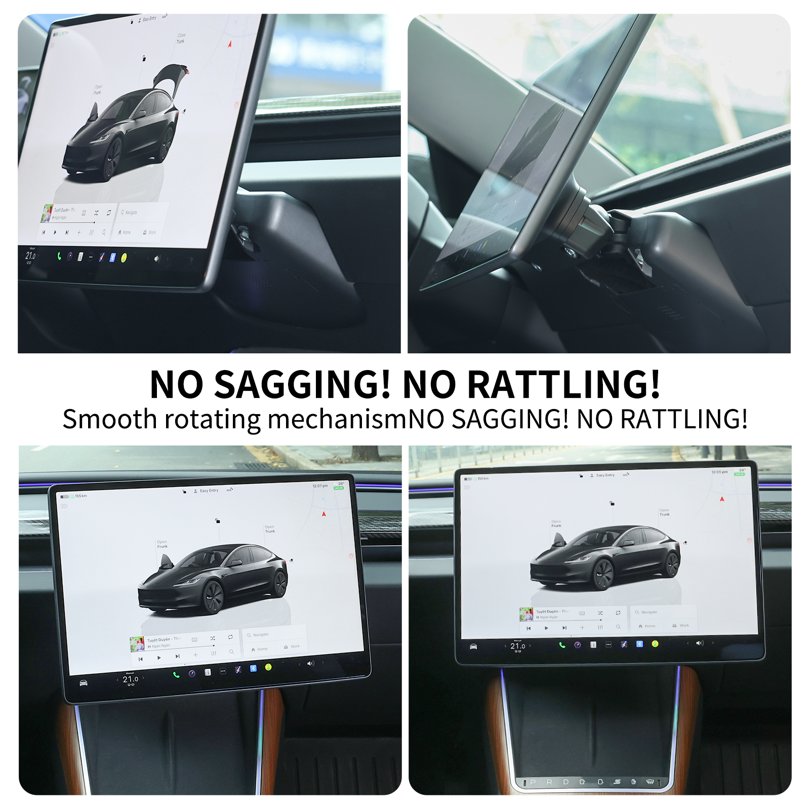Tesla skærmholder 2.0 til Model 3/Y – 4-vejs drejelig (40°), aluminium CNC, skærmhøjde forbliver uændret, ingen rysten, anti-blænding