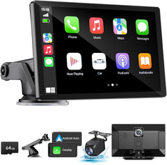 NOEIFEVO Trådlös Carplay-skärm för bilar med 4K Dashcam, 9" bärbar Apple Carplay & Android Auto bilradio, med 1080p backkamera, GPS-navigation/Mirror Link/ röstavkodning/Bluetooth.