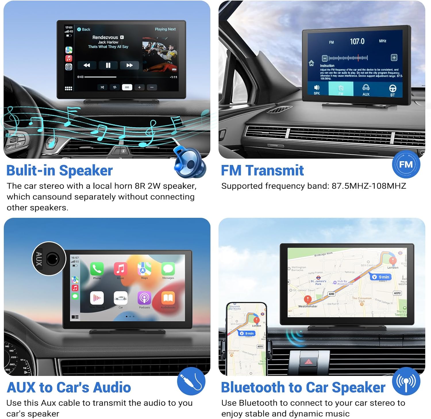 NOEIFEVO Bezdrôtový Carplay displej pre autá s 4K Dashcam, 9" prenosné Apple Carplay a Android Auto autorádio, s 1080p cúvacou kamerou, GPS navigáciou/Mirror Link/ovládanie hlasom/Bluetooth.