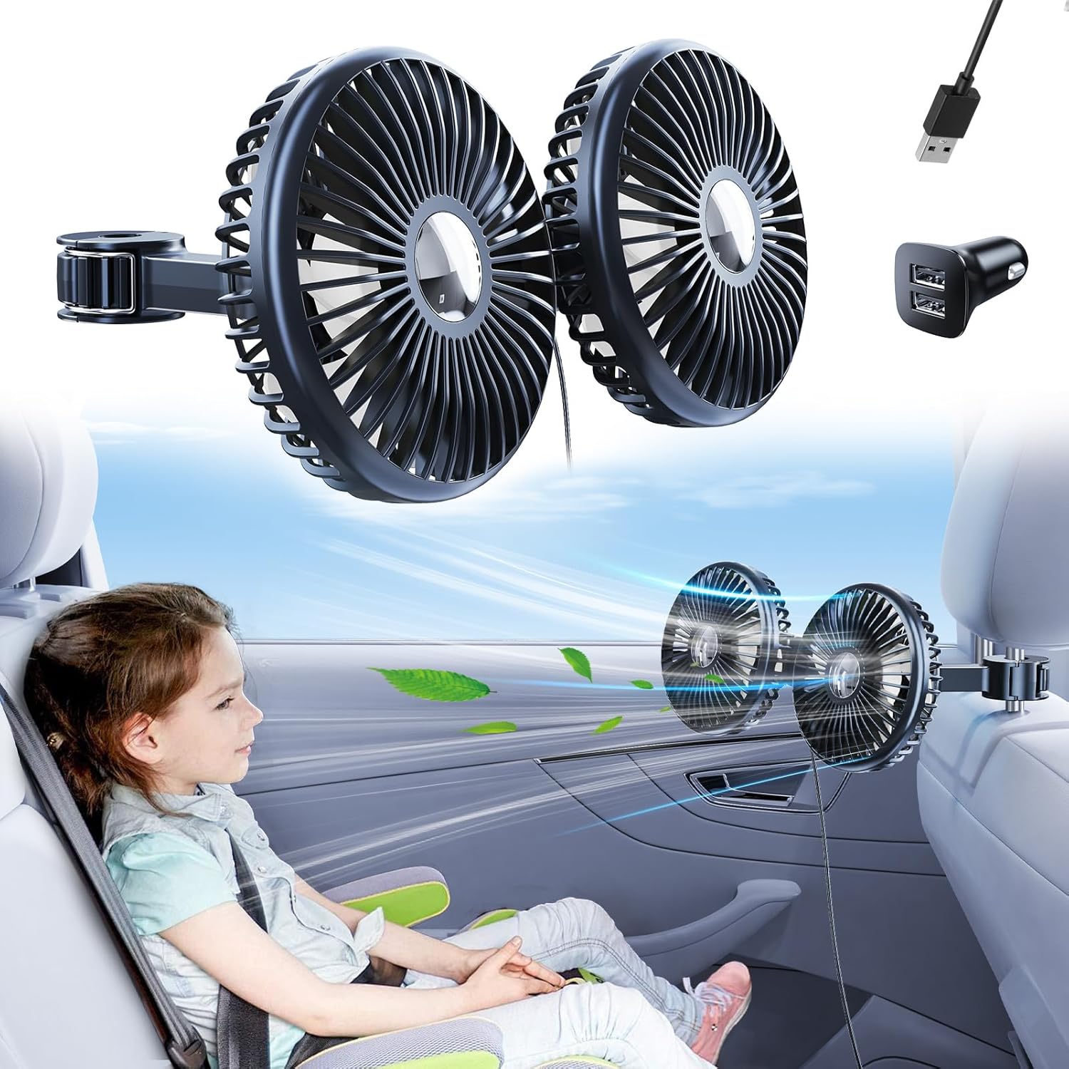 "מאוורר לרכב למושב האחורי, מאוורר מסתובב 360°, מאוורר לרכב עם 3 מהירויות הניתנות לשליטה נפרדת, מאוורר USB ל סוגיהרכבים, רכבי SUV ומשאיות.