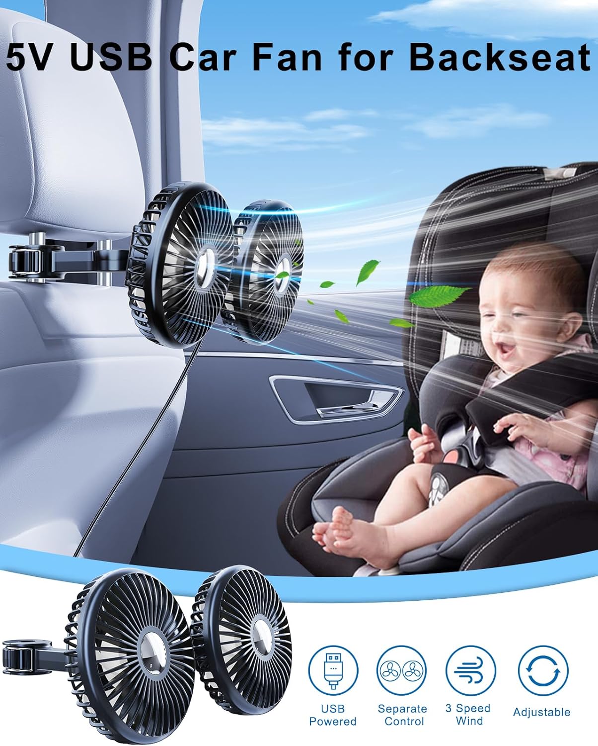 "מאוורר לרכב למושב האחורי, מאוורר מסתובב 360°, מאוורר לרכב עם 3 מהירויות הניתנות לשליטה נפרדת, מאוורר USB ל סוגיהרכבים, רכבי SUV ומשאיות.