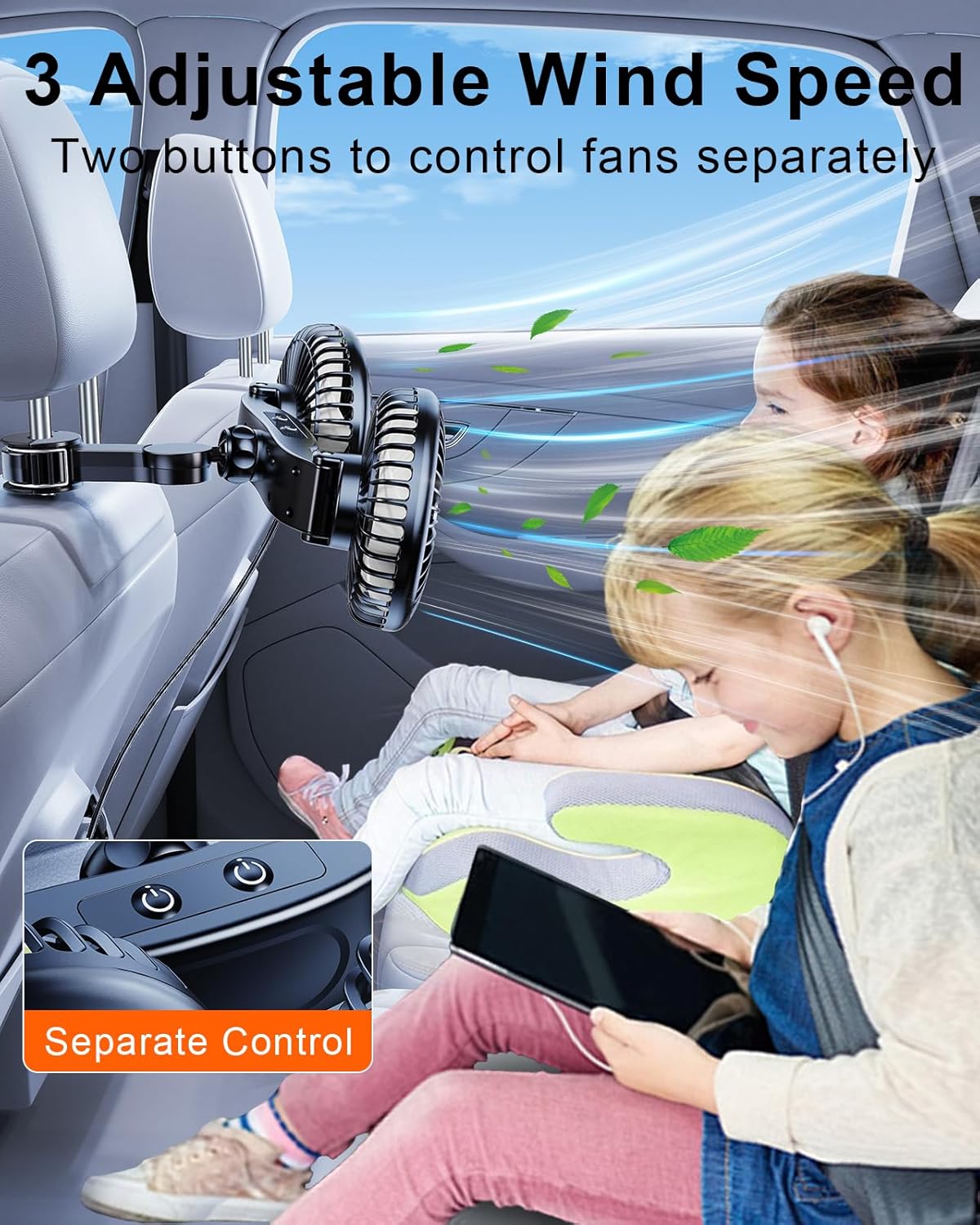 "מאוורר לרכב למושב האחורי, מאוורר מסתובב 360°, מאוורר לרכב עם 3 מהירויות הניתנות לשליטה נפרדת, מאוורר USB ל סוגיהרכבים, רכבי SUV ומשאיות.