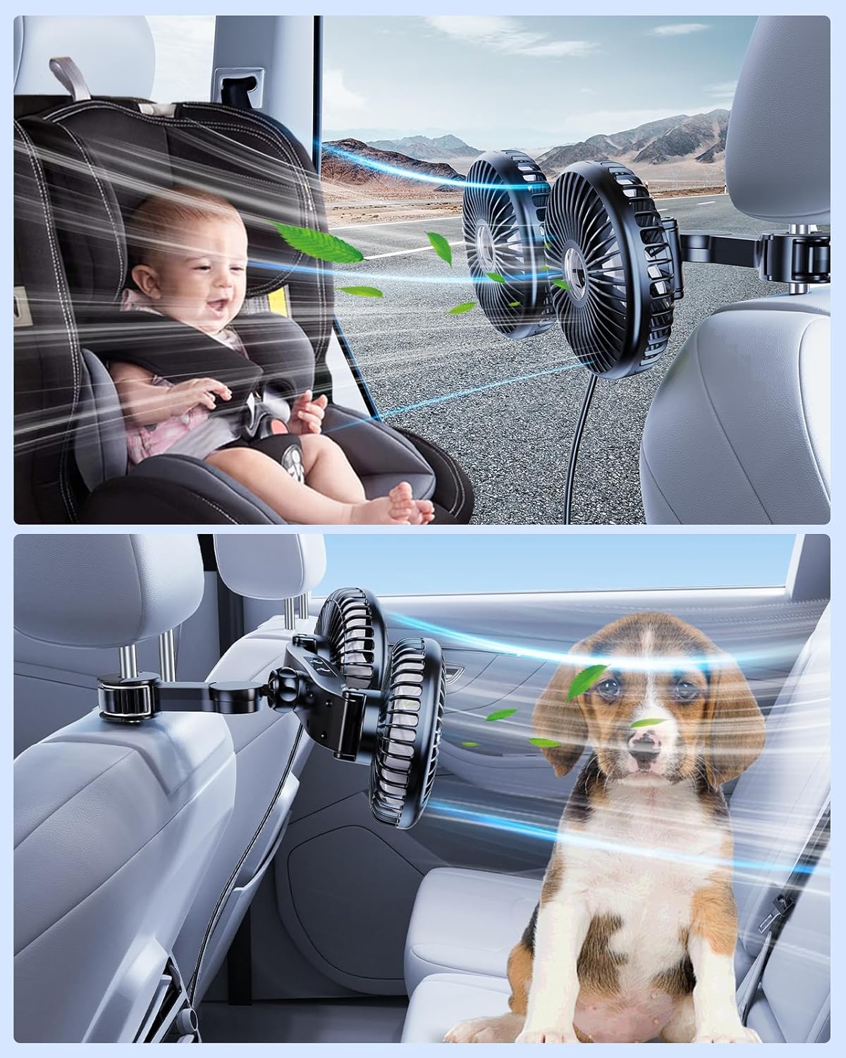 "מאוורר לרכב למושב האחורי, מאוורר מסתובב 360°, מאוורר לרכב עם 3 מהירויות הניתנות לשליטה נפרדת, מאוורר USB ל סוגיהרכבים, רכבי SUV ומשאיות.