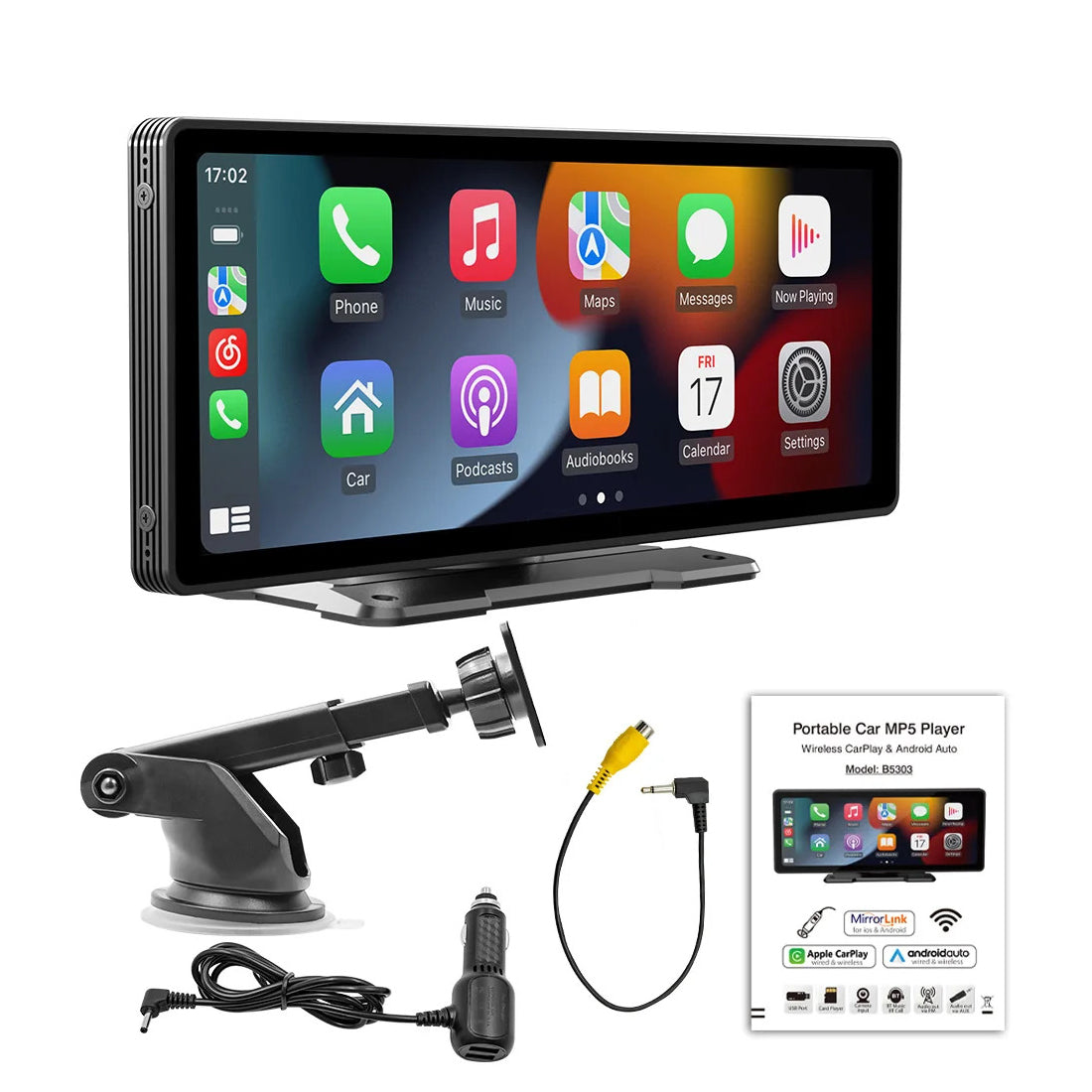 NOEIFEVO B5303 Bezprzewodowy ekran CarPlay do samochodów, wspiera Apple CarPlay i Android Auto, 10,26" HD przenośne radio samochodowe z ekranem dotykowym, odbiornik audio samochodowy z kontrolą głosową, Mirror Link, Bluetooth, GPS, AUX FM