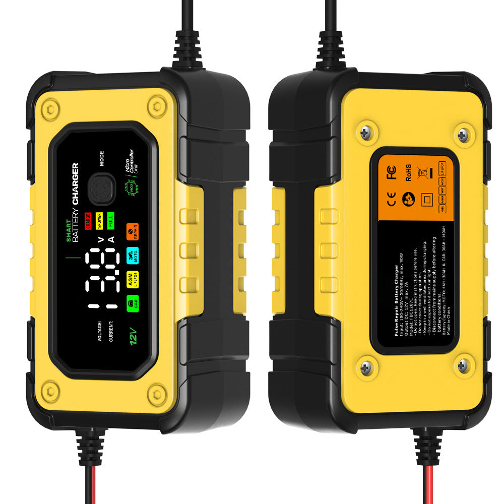 7A Ładowarka do akumulatorów samochodowych, 12V Smart, w pełni automatyczna ładowarka do akumulatorów samochodowych z wyświetlaczem LCD, odpowiednia do samochodów, motocykli, kosiarek, łodzi, akumulatorów morskich