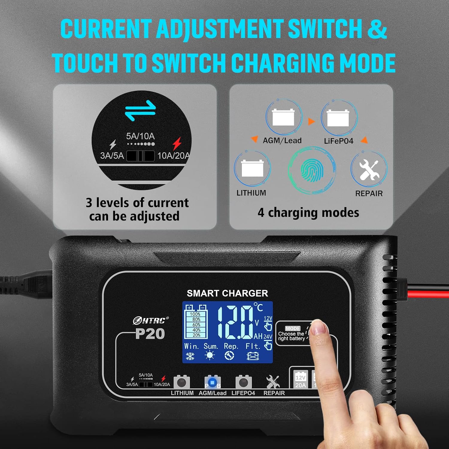 NOEIFEVO 20A bilbatterioplader, 12V/24V bilbatterioplader, bilbatterioplader, vedligeholdelsesoplader og desulfator til motorcykel, plæneklipper, båd, lithium, LiFePO4, blysyre (AGM, gel osv.)