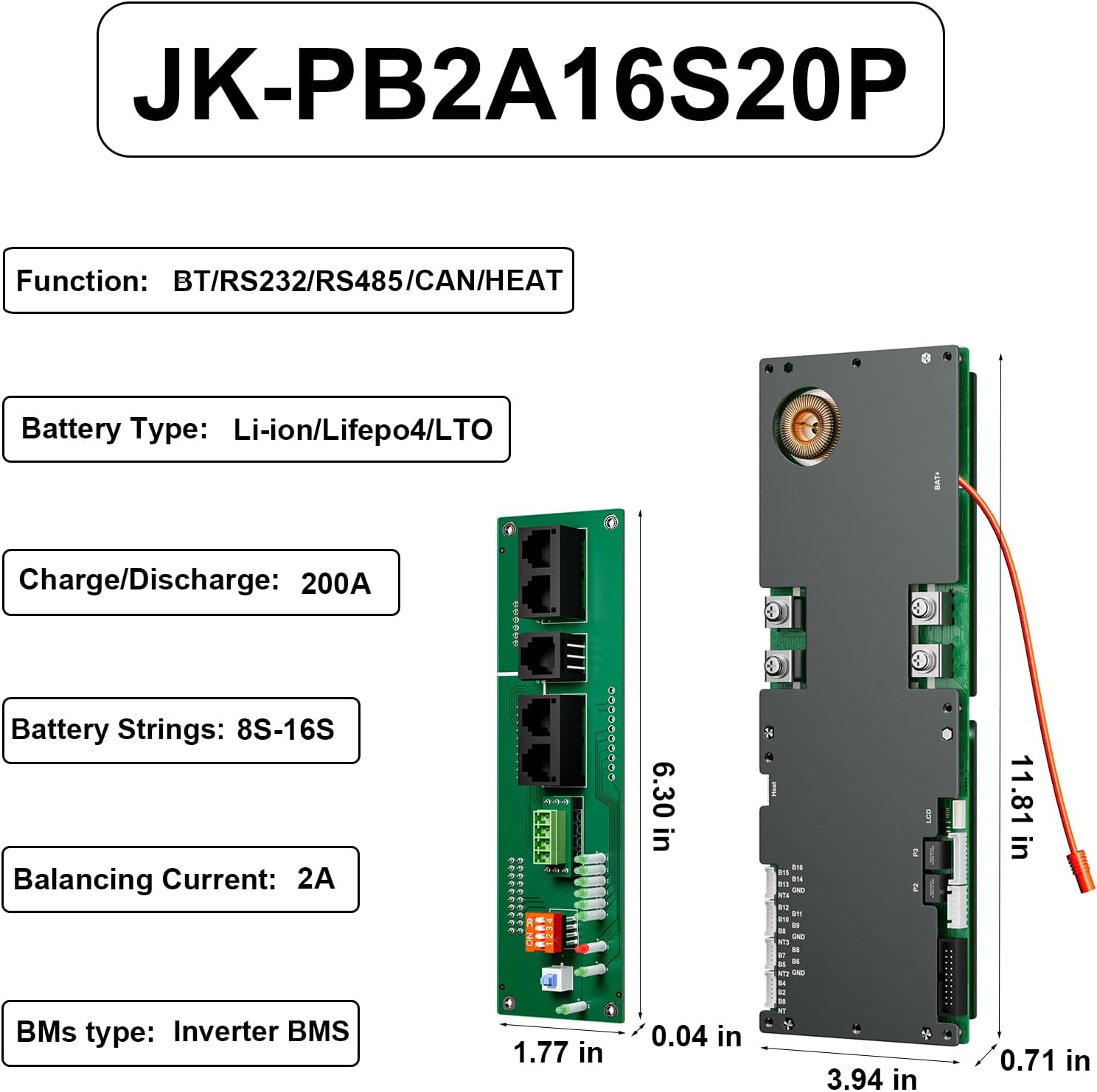 BMS 8S-16S 24V-48V 200A Heim-Energiespeicher BMS 2A Aktive Balance Eingebautes Bluetooth mit RS485 CAN für Solarsystem
