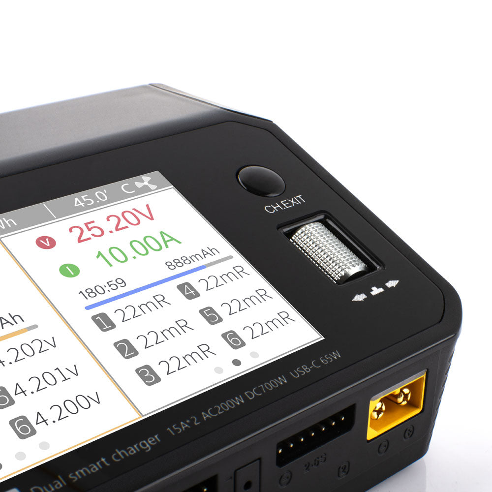 M6DAC Cargador inteligente y descargador RC de doble canal, cargador de equilibrio AC/DC con un máximo de 15A para baterías LiPo, LiHV, LiFe, Lion, NiMh, Pb