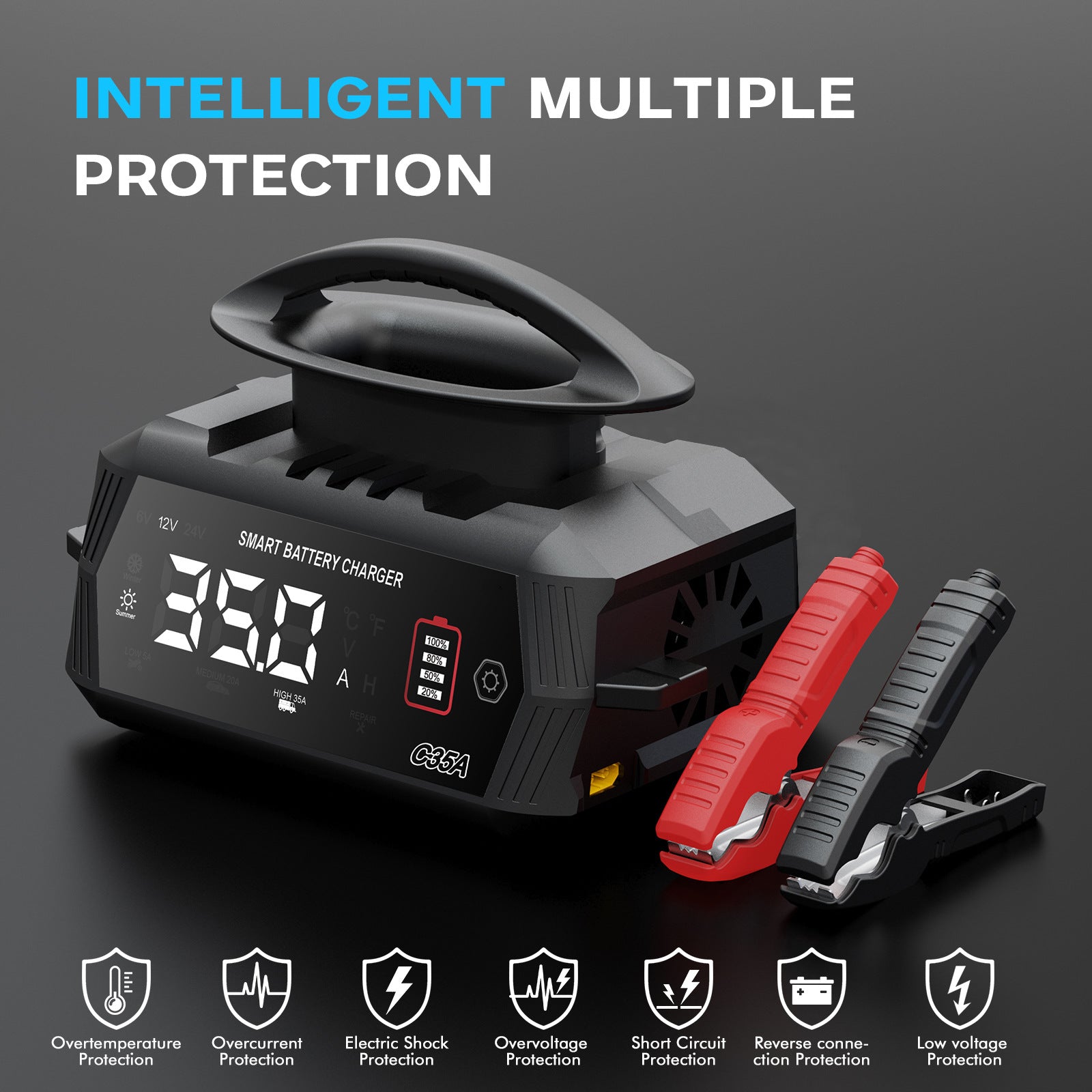NOEIFEVO 6V 10A / 12V 35A / 24V 18A Universell bilbatterilader for litium-, LiFePO4-, blysyre-, AGM- og våtbatterier, 9-trinns smart vedlikeholdslader med 3 strøminnstillinger