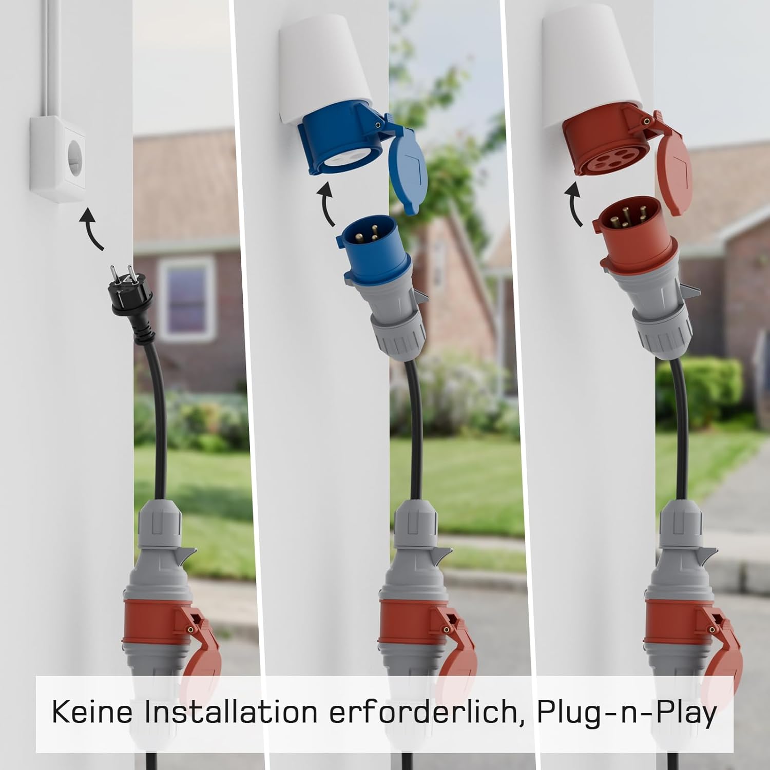 NOEIFEVO 11KW EV-Ladegerät Reise-Netzteil-Adapter-Set, CEE16A 3-Phasen-Steckdosenadapter auf CEE rot 32A/CEE blau 16A/230V Haushaltssteckdose/Typ 2 Stecker