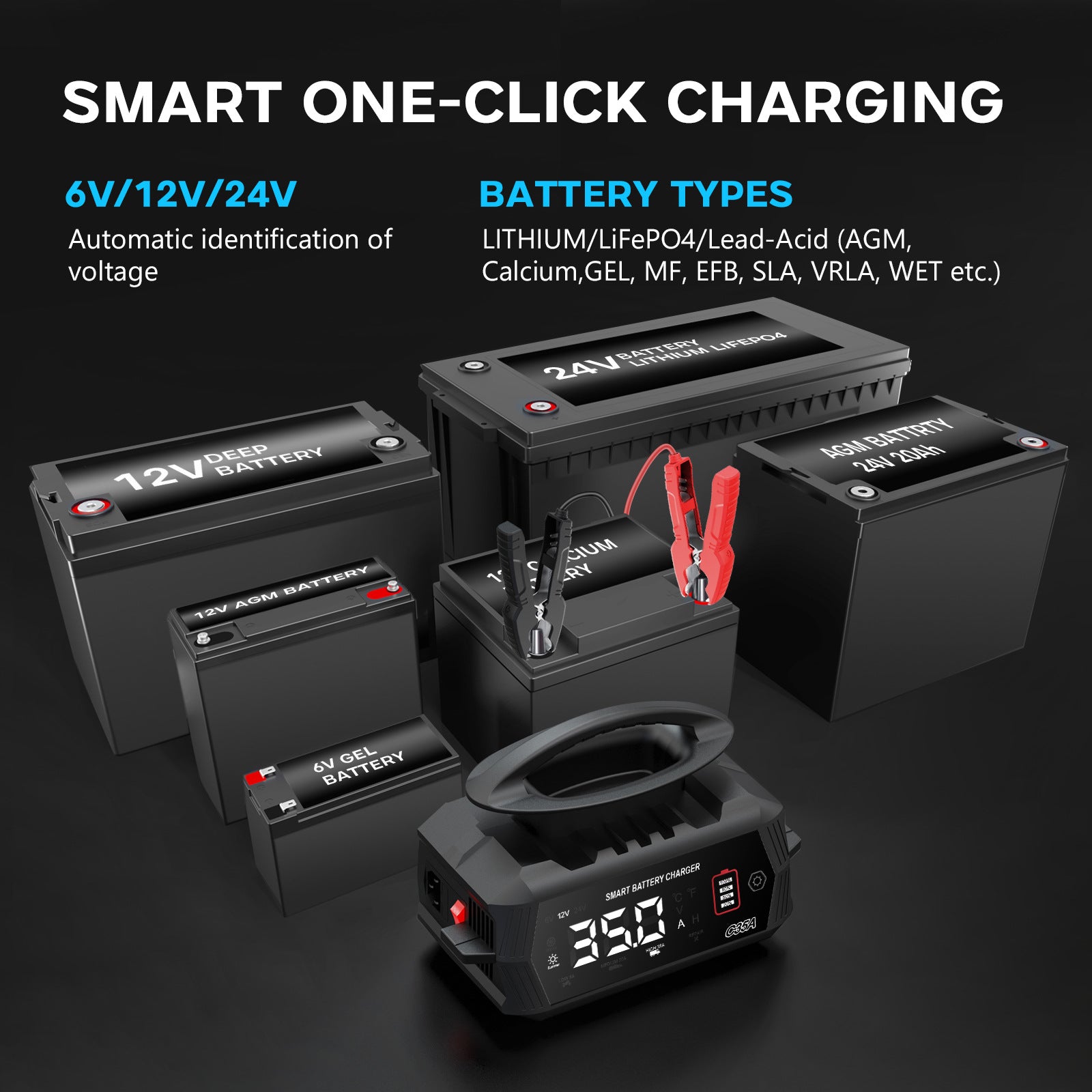 NOEIFEVO 6V 10A / 12V 35A / 24V 18A Universell bilbatterilader for litium-, LiFePO4-, blysyre-, AGM- og våtbatterier, 9-trinns smart vedlikeholdslader med 3 strøminnstillinger