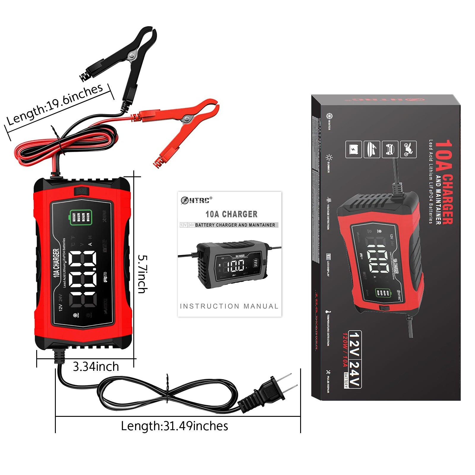 NOEIFEVO 10A Ładowarka do akumulatorów samochodowych, 12 V/24 V, inteligentna, w pełni automatyczna, z trybem regeneracji do samochodów, ciężarówek, motocykli, kosiarek, łodzi i akumulatorów okrętowych