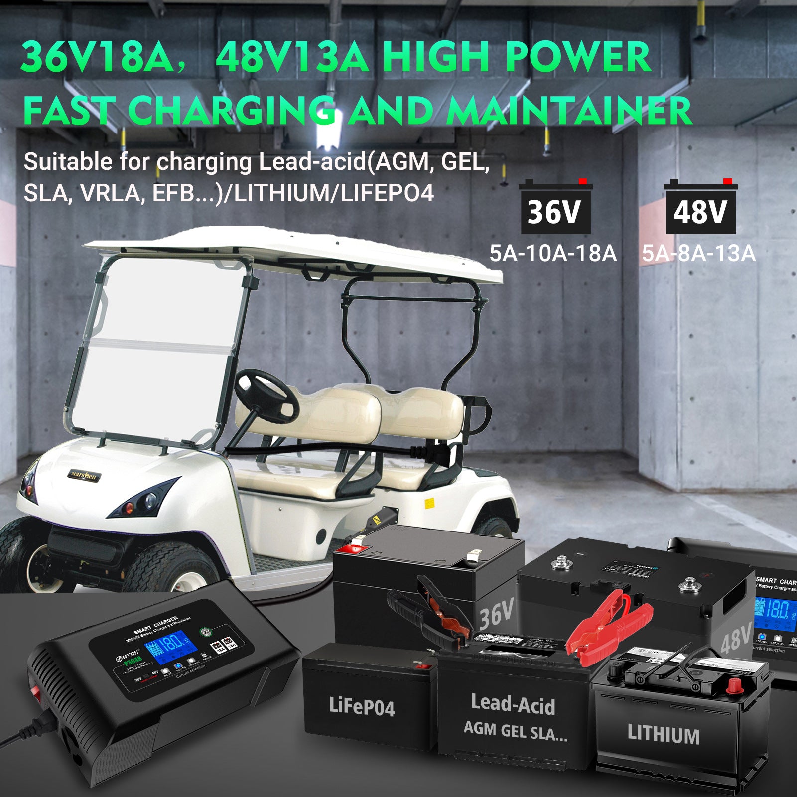 NOEIFEVO 36V18A 48V13A Golfvogns Batterilader til EZ-GO RXV TXT Club Car Yamaha til Lithium-LiFePO4-Lead-Acid Batteri