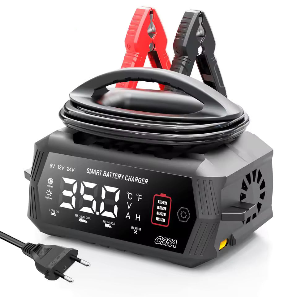 NOEIFEVO 6V 10A / 12V 35A / 24V 18A Universell bilbatterilader for litium-, LiFePO4-, blysyre-, AGM- og våtbatterier, 9-trinns smart vedlikeholdslader med 3 strøminnstillinger
