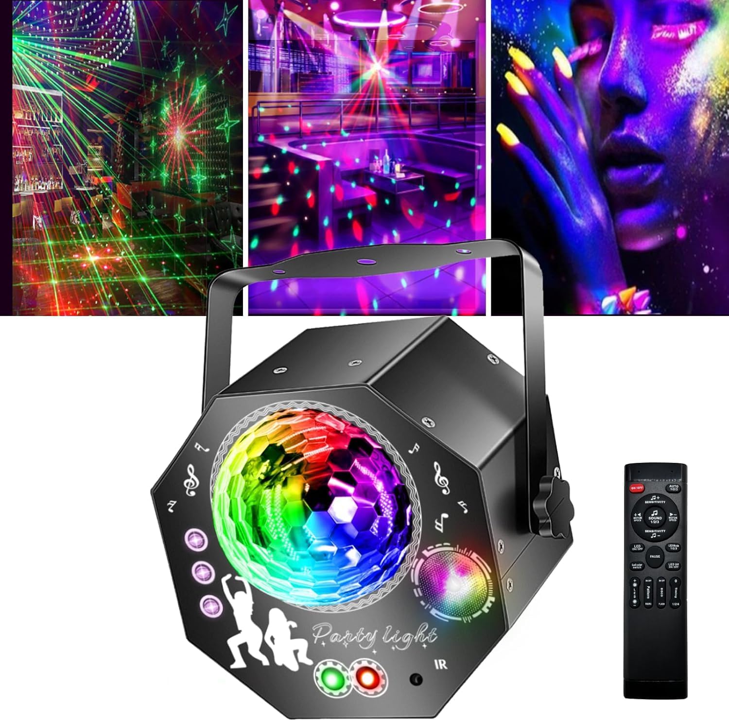 4-i-1-diskokugle – festlys med 64 mønstre, musikstyret discolampe med fjernbetjening, RGB-UV-stroboskop til hjemmet, bar, klub, udendørs og fødselsdage