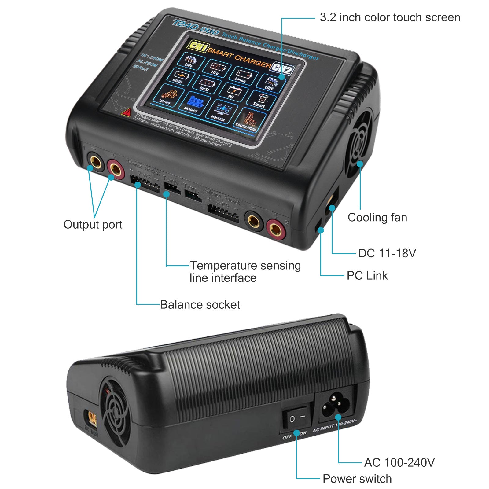 NOEIFEVO T240 RC-laddare Dual-Channel AC 150W DC 240W för NiMH, NiCd, LiHV, Li-ion, Lipo, PB batterier