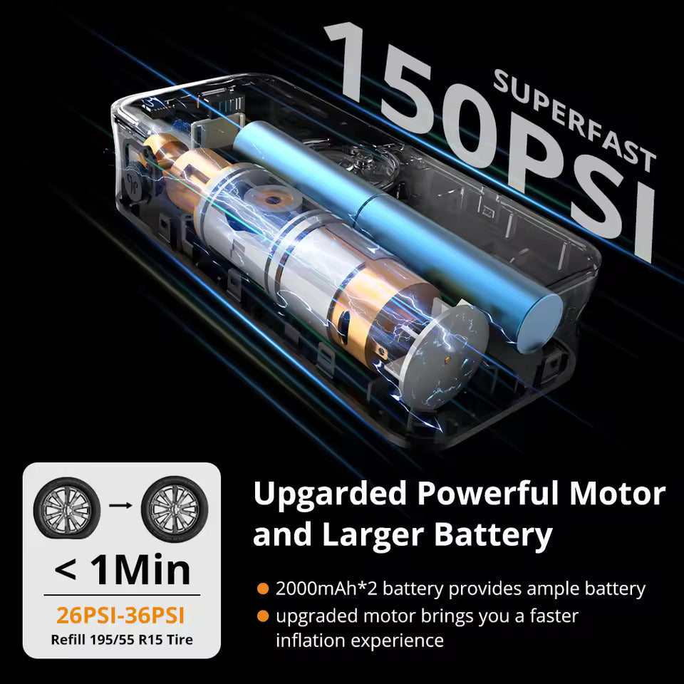 Elektrická vzduchová pumpa, bateriová pumpa s tlakem 150 PSI, přednastavený tlak pro auto/motocykl/kolo/míč, nafukování jedním tlačítkem s automatickým zastavením, cyklistická pumpa s LED světlem a powerbankou