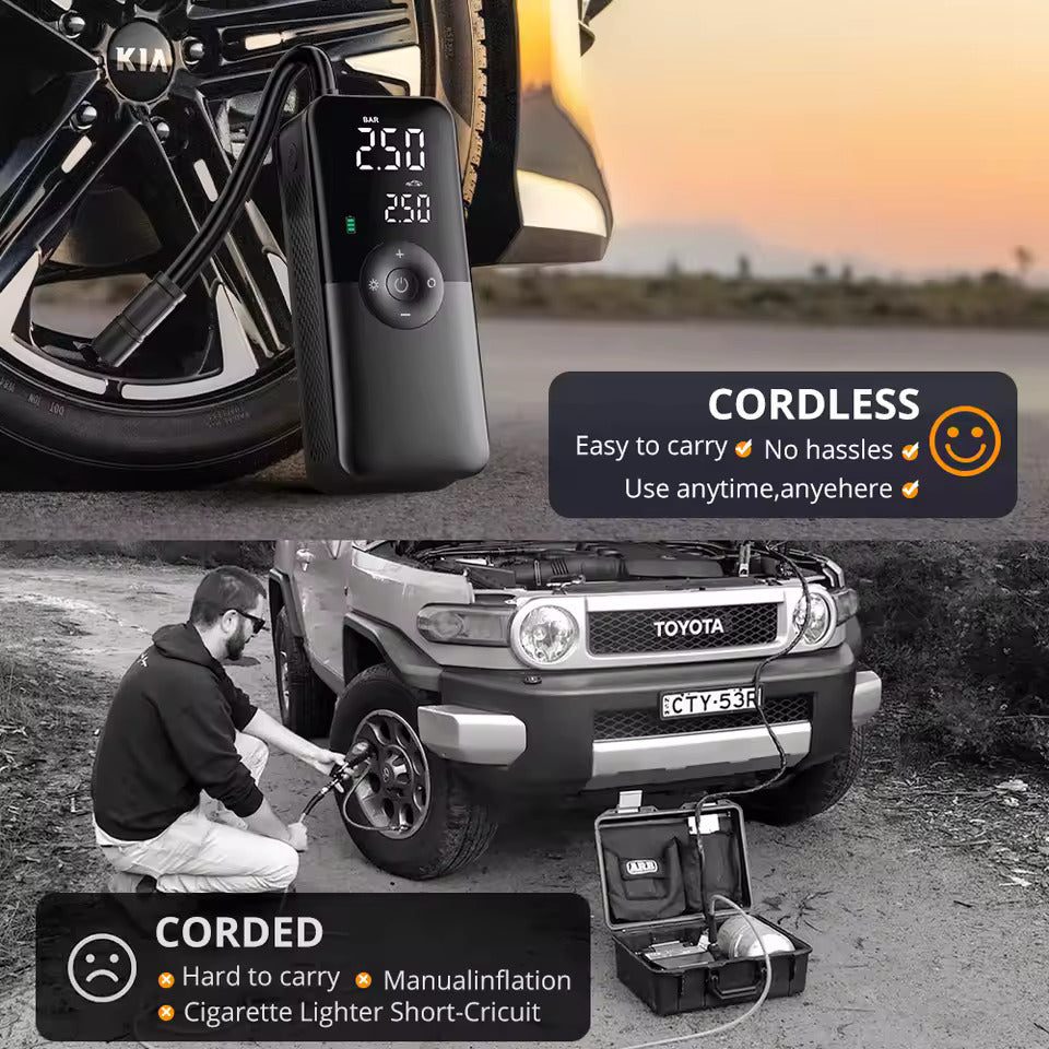 Elektrická vzduchová pumpa, bateriová pumpa s tlakem 150 PSI, přednastavený tlak pro auto/motocykl/kolo/míč, nafukování jedním tlačítkem s automatickým zastavením, cyklistická pumpa s LED světlem a powerbankou