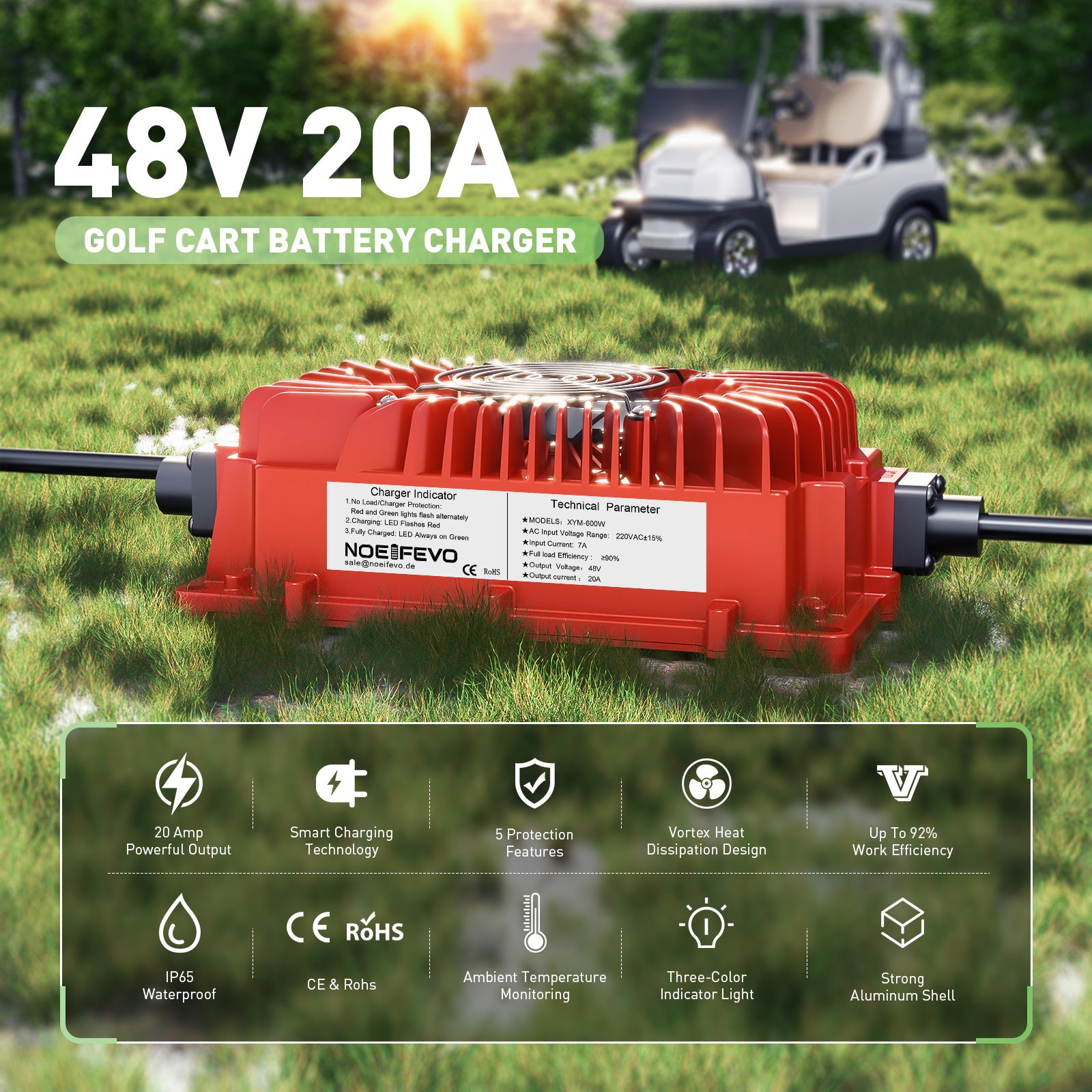 NOEIFEVO 48V 20A Golfkar Batterijlader voor Club Car Precedent & DS met OBC-kabel