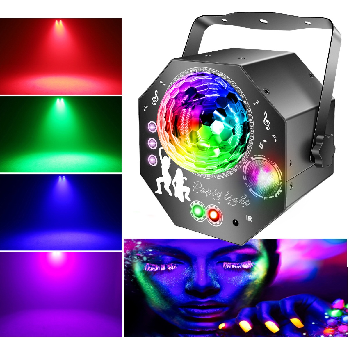 4-i-1-diskokugle – festlys med 64 mønstre, musikstyret discolampe med fjernbetjening, RGB-UV-stroboskop til hjemmet, bar, klub, udendørs og fødselsdage