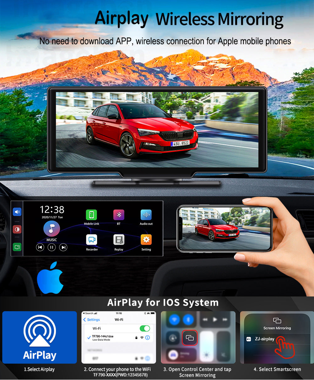 NOEIFEVO C200 10,26palcová obrazovka CarPlay, přenosné autorádio kompatibilní s Apple CarPlay & Android Auto, IPS dotyková obrazovka, 4K palubní kamera, 1080P zadní kamera, Siri, GPS navigace, Bluetooth, MirrorLink, FM