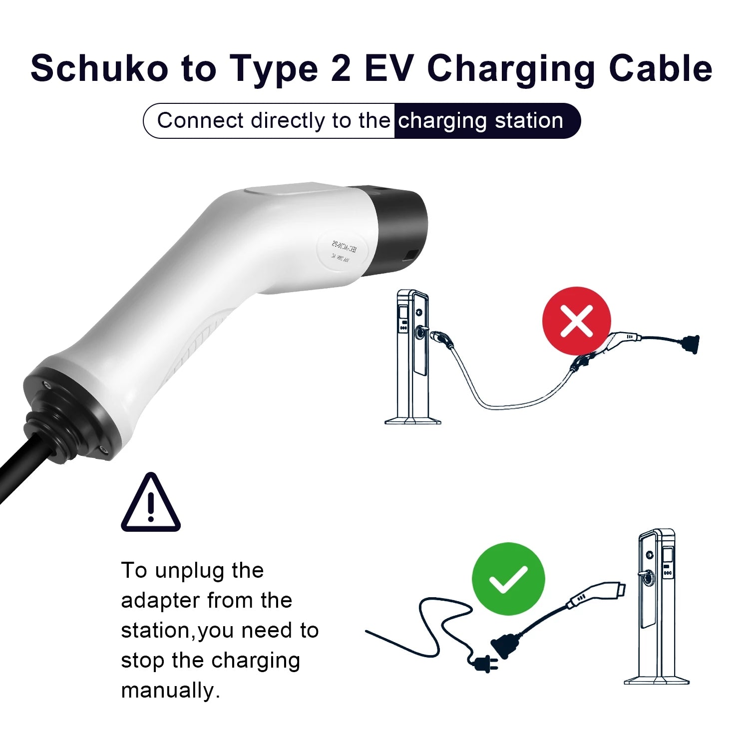 Type2 to Schuko Adapter, 16A 1Phase Type 2 Charging Side Plug to European Domestic Socket